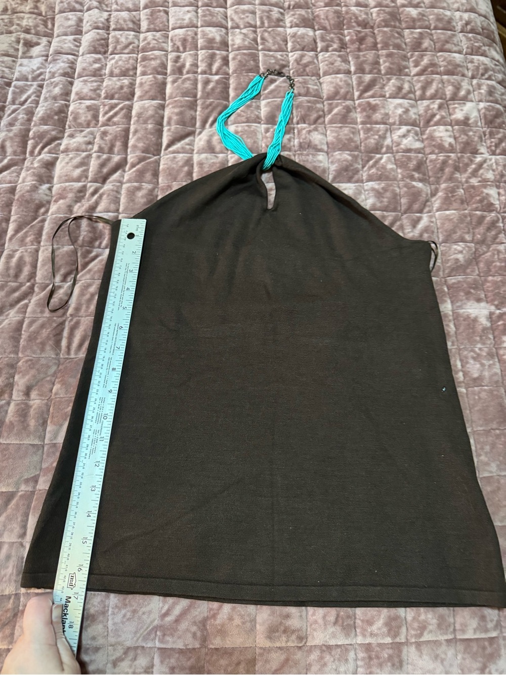 Lauren Ralph Lauren Silk Blend Halter Top XL Espresso Turquoise Beaded Neck NWT - Picture 3 of 6